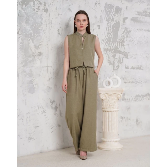 Broşlu yelek pantolon takım haki s255821