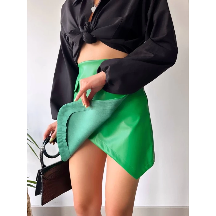 Cep detaylı oval kapaklı deri etek yeşil h240048