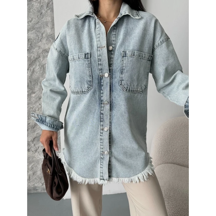 Cepli püsküllü kar yıkama kot ceket mavi d2515