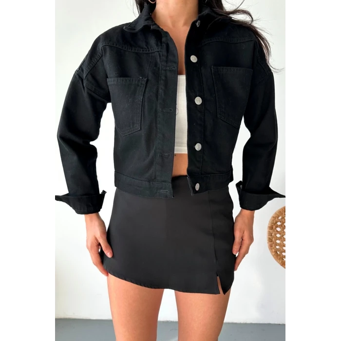 Çift cepli kol katlamalı süper taş enzim yıkamalı crop kot ceket siyah d2000