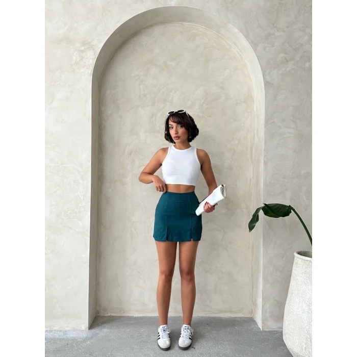 Çift yırtmaçlı atlas şort etek petrol yeşili s240364