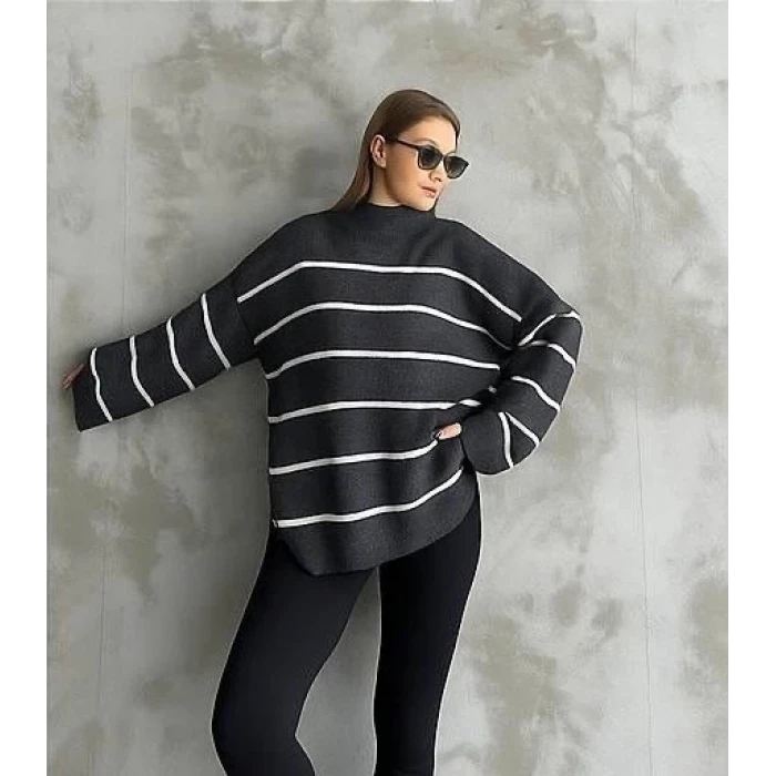 Çizgili ispanyol kol triko boğazlı kazak antrasit elf