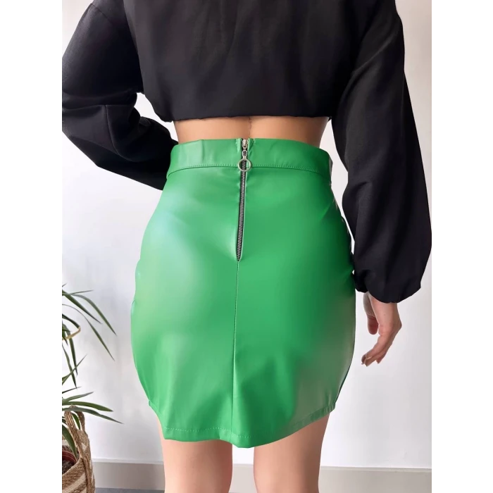 Dantelli fermuarlı deri etek yeşil w24598