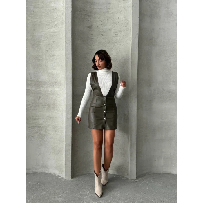 Deri jile elbise haki w24796