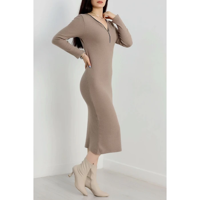 Fermuar detaylı fitilli şardonlu elbise bej a3178