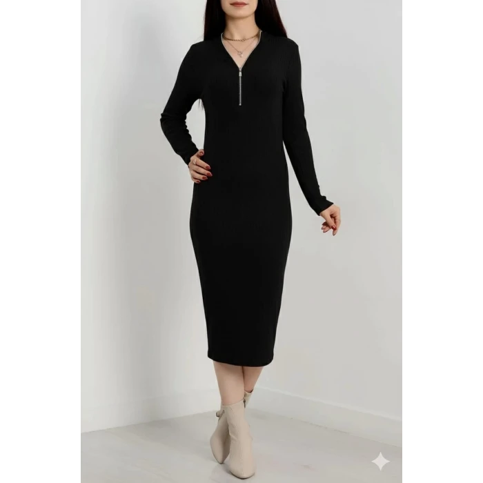 Fermuar detaylı fitilli şardonlu elbise siyah a3178