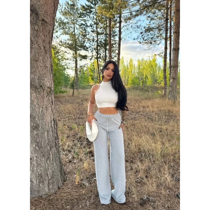 Fitilli şardonlu pantolon gri a4058