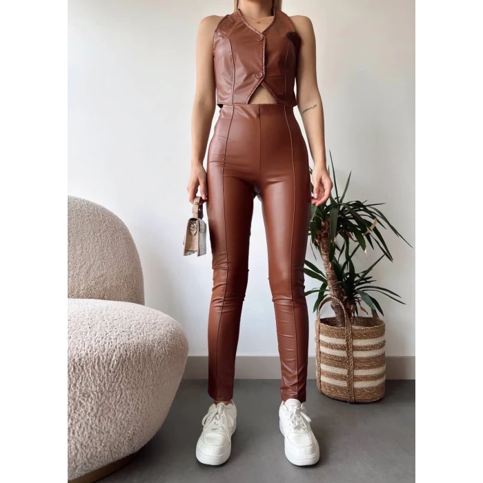 İki düğmeli deri yelek kahve s243001