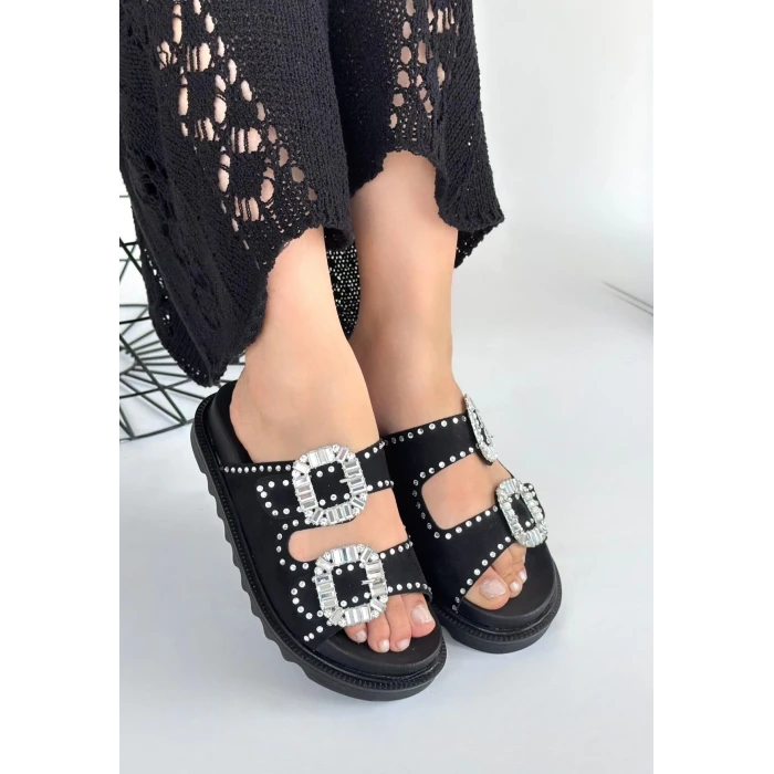 Juana Siyah Nubuk  Taşlı Terlik
