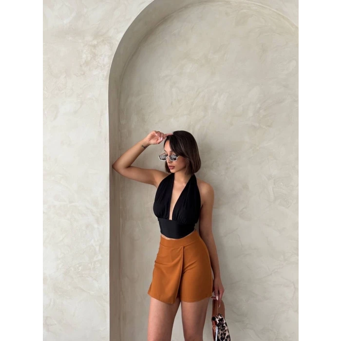 Kapaklı şort etek camel s208