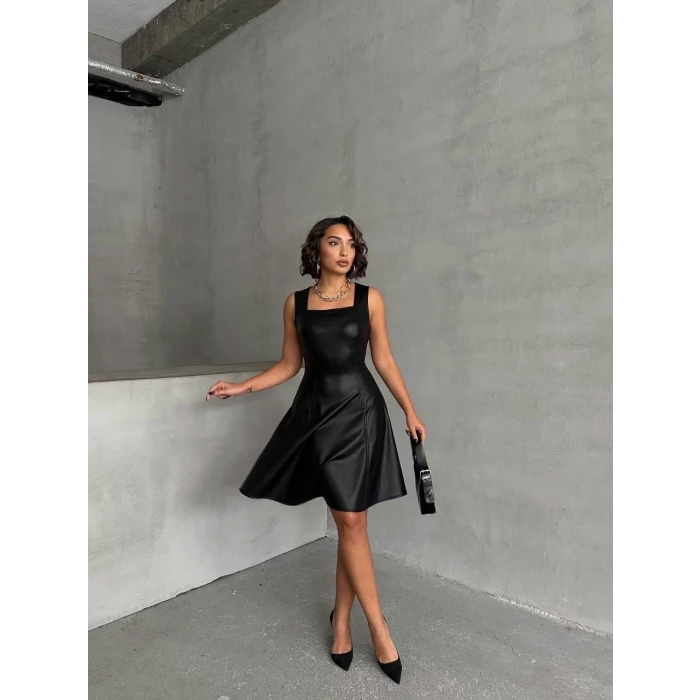 Kare yaka deri elbise siyah h24442