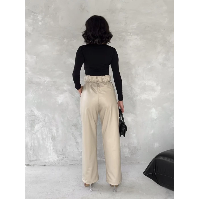 Kendinden ince kemerli deri pantolon bej t1178