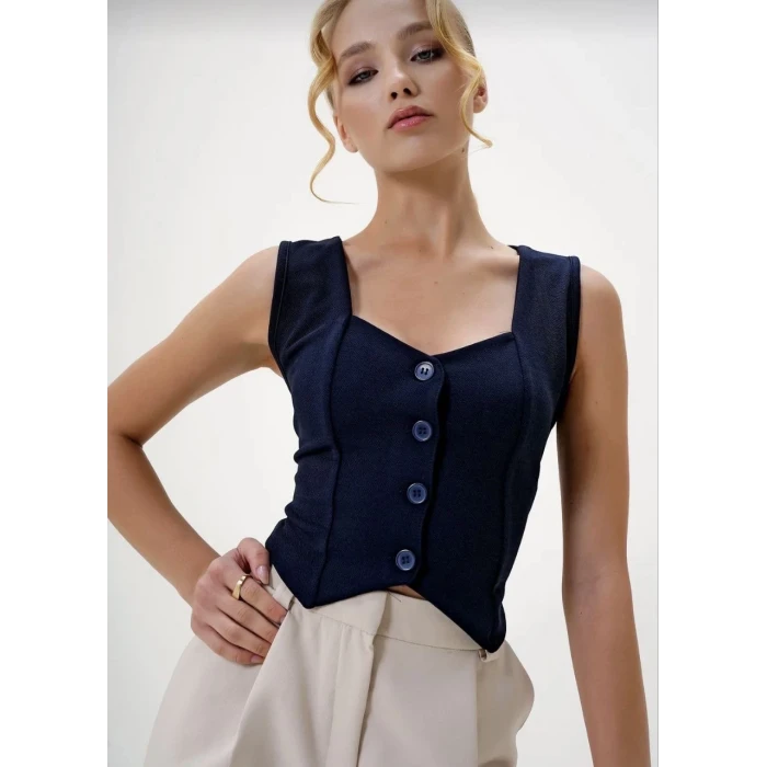 Krep kumaş düğmeli yelek lacivert s3395
