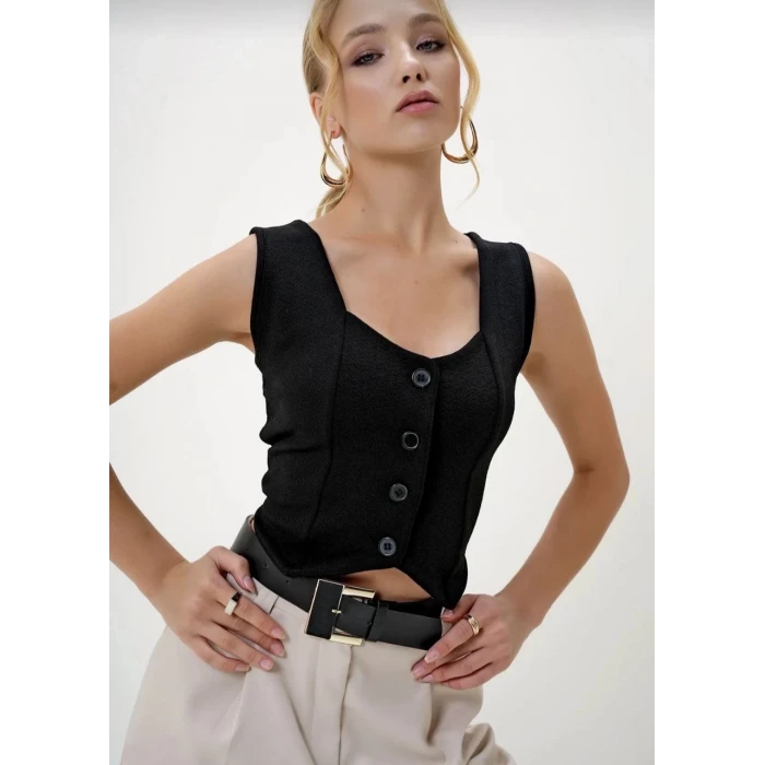 Krep kumaş düğmeli yelek siyah s3395