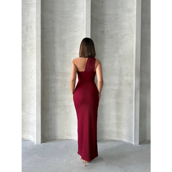 Krinkıl tek omuz uzun elbise bordo s25455