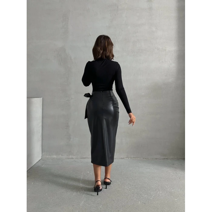 Kuşaklı uzun deri etek siyah h26414