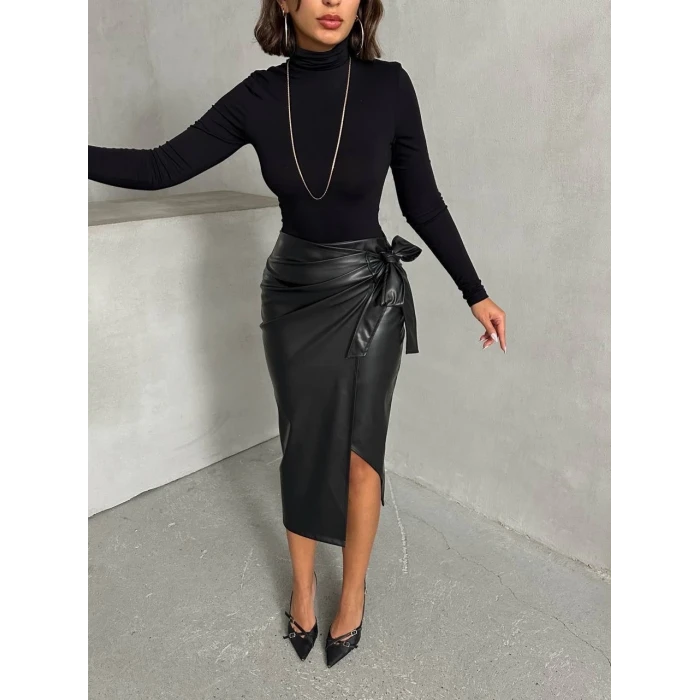 Kuşaklı uzun deri etek siyah h26414