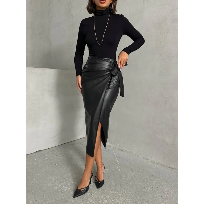 Kuşaklı uzun deri etek siyah h26414