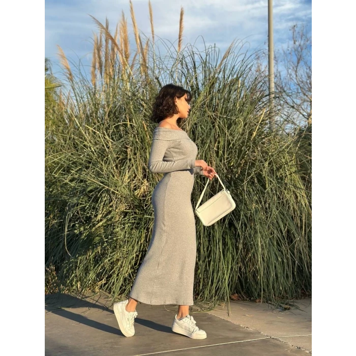 Madonna yaka uzun elbise şardonlu kumaş gri w3753