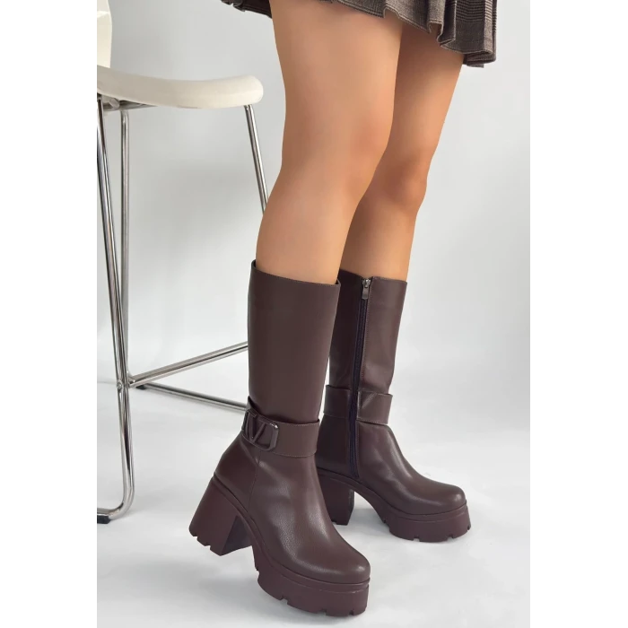 Moki Kahverengi Cilt Topuklu Çizme