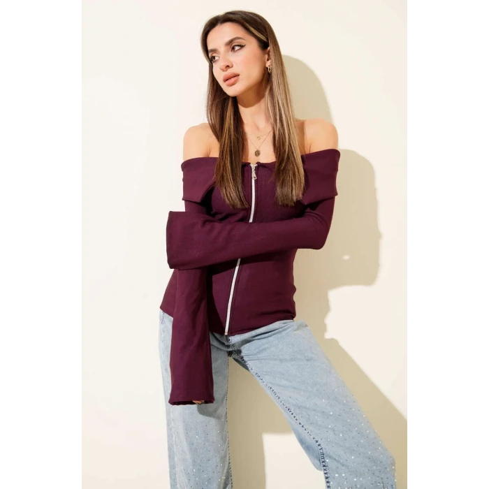 Omzu Açık Fermuarlı Bluz Mürdüm T4330