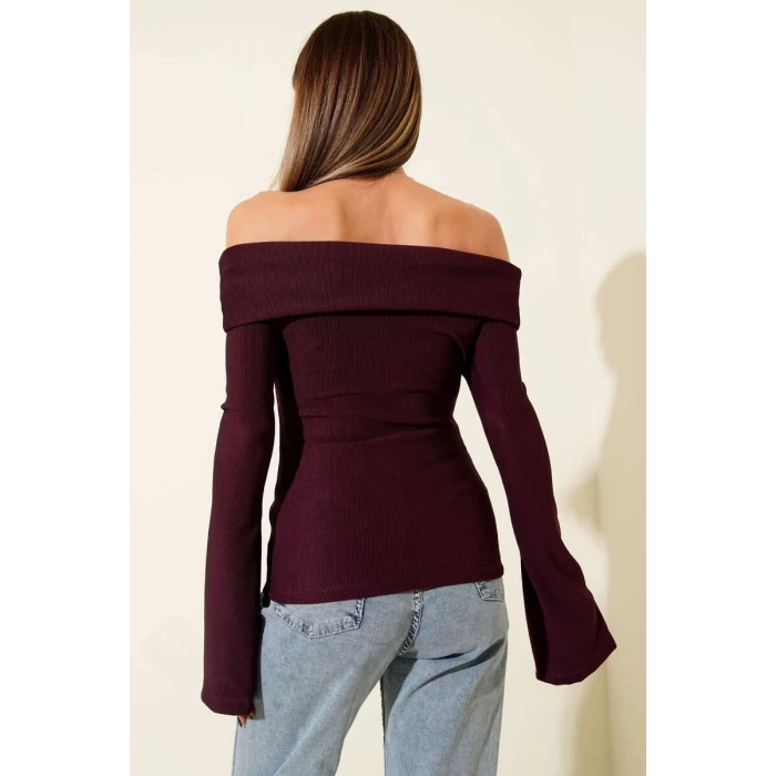 Omzu Açık Fermuarlı Bluz Mürdüm T4330