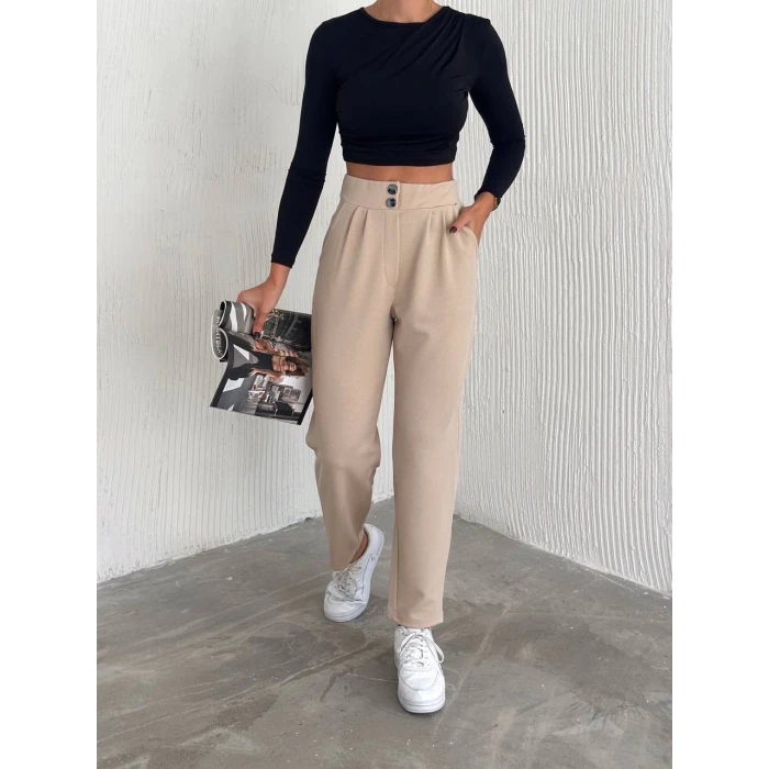 örme krep pantolon çift düğmeli