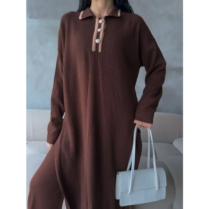 Pantolon yırtmaçlı elbise ikili triko takım kahve elf