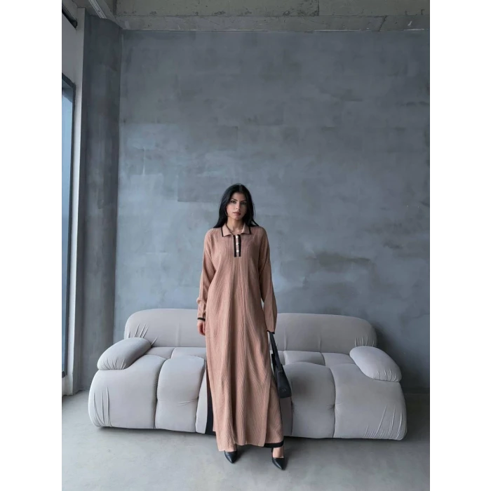 Pantolon yırtmaçlı elbise ikili triko takım vizon elf