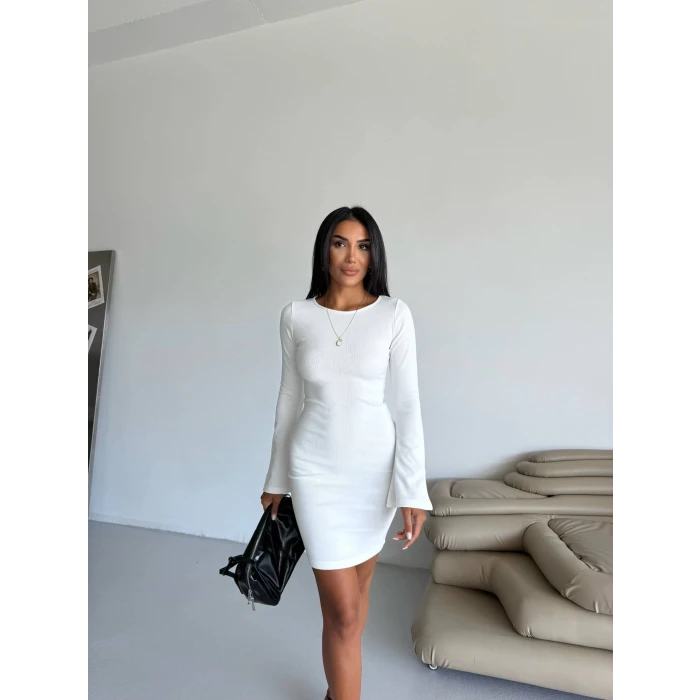 Prenses kol esnek kumaş elbise beyaz f2334