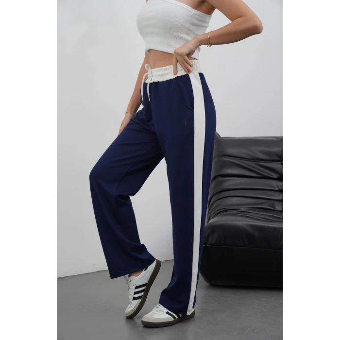 Şeritli garnili pantolon lacivert