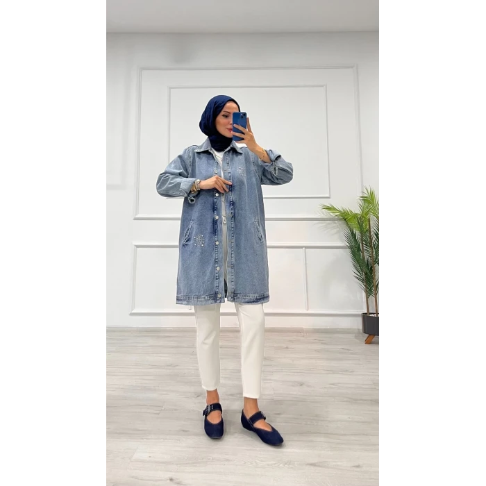 Taşlı tunik ceket kar yıkama orta mavi d2516