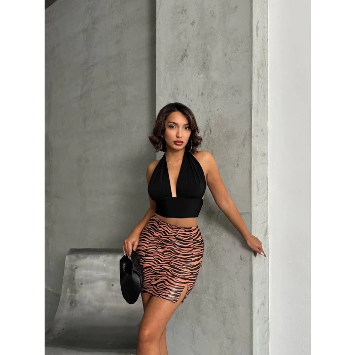 Tek yırtmaçlı zebra desenli deri etek kahvesiyah w24475-S