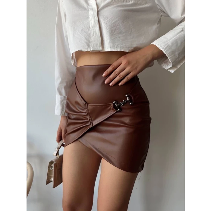 Tokalı deri etek kahve s240097