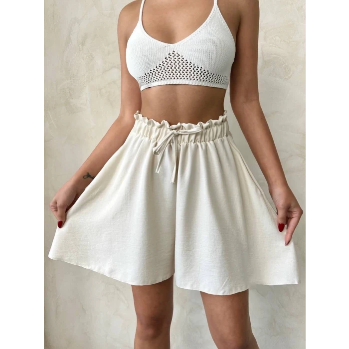 Volanlı keten şort bej s255058