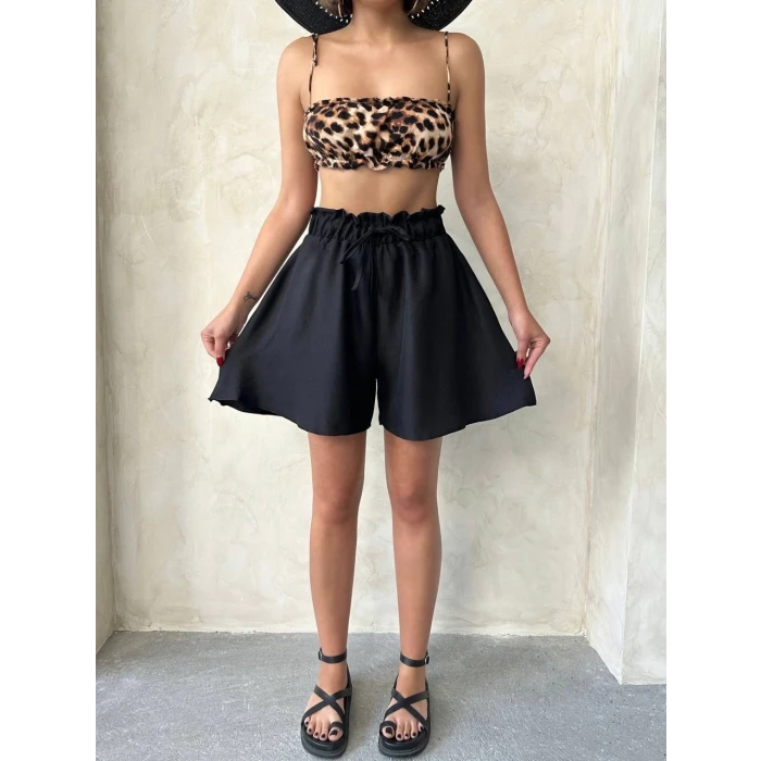Volanlı keten şort siyah s255058