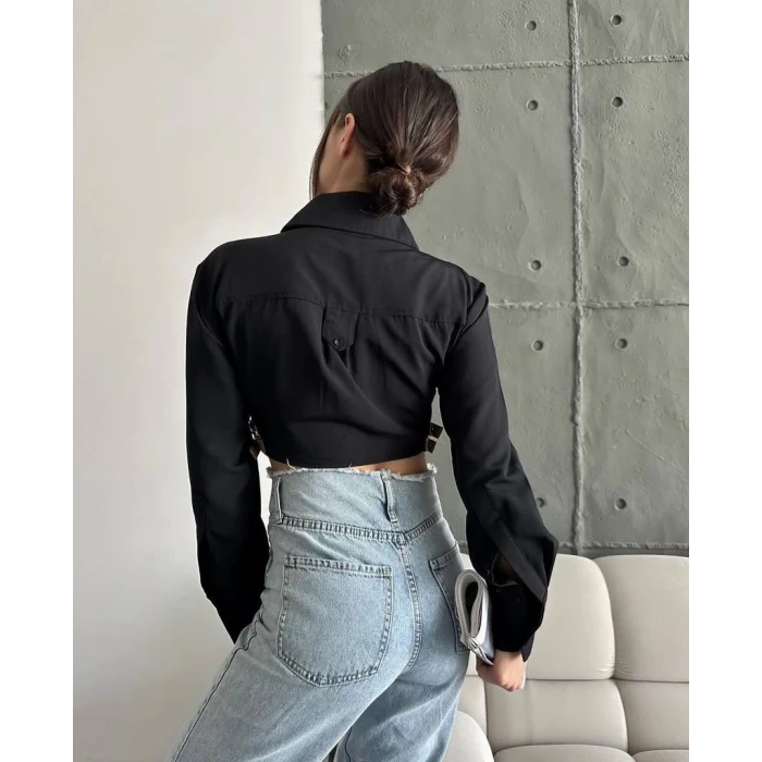 Yanı kemer detaylı crop gömlek siyah s4009