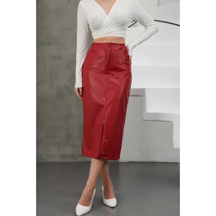 Yırtmaçlı uzun deri etek bordo