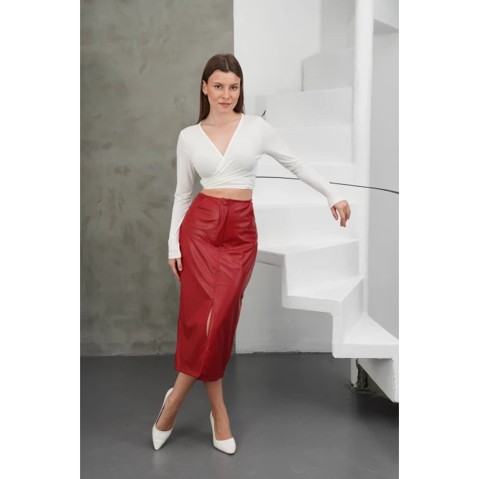 Yırtmaçlı uzun deri etek bordo