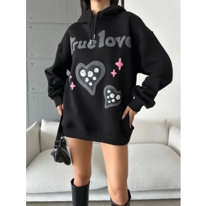 3 iplik şardonlu oversize true baskılı sweat siyah