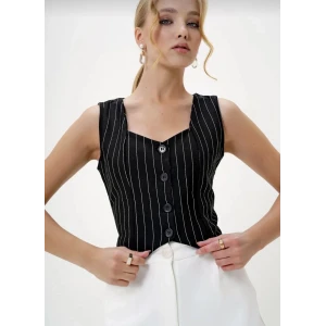 Çizgili krep düğmeli yelek siyah s3395