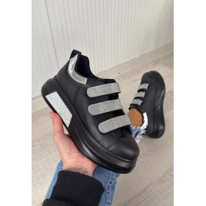 Elika Siyah Cilt Simli Cırt Cırtlı Spor Ayakkabı