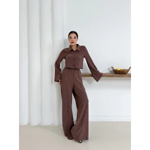 Gömlek yaka kaplama düğmeli takım kahve st265866