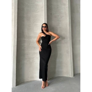 Krinkıl tek omuz uzun elbise siyah s25455