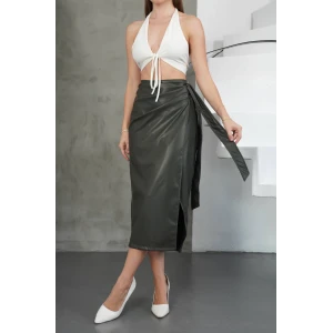 Kuşaklı uzun deri etek haki h26414