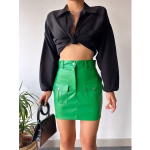 Önden iki cepli deri etek yeşil h240040