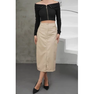 Yırtmaçlı uzun deri etek bej