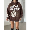 3 iplik şardonlu oversize out of baskılı sweat kahve