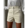 Kemerli deri şort krem h241003