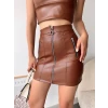 Üç fermuarlı deri etek kahve s24510